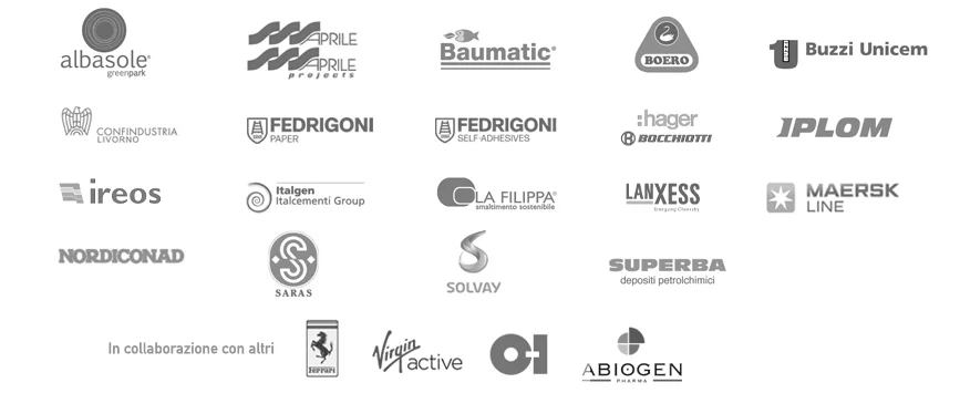 Loghi di aziende clienti, tra cui Buzzi Unicem, Fedrigoni, Hager Bocchiotti, Iplom, Ireos, Lanxess, Maersk Line, Solvay e Virgin Active